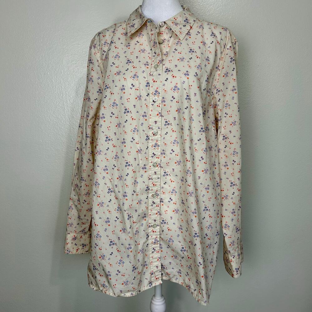 Talbots Floral Shirt Womens XL Button Front Floral Cream Long Sleeve Cottage